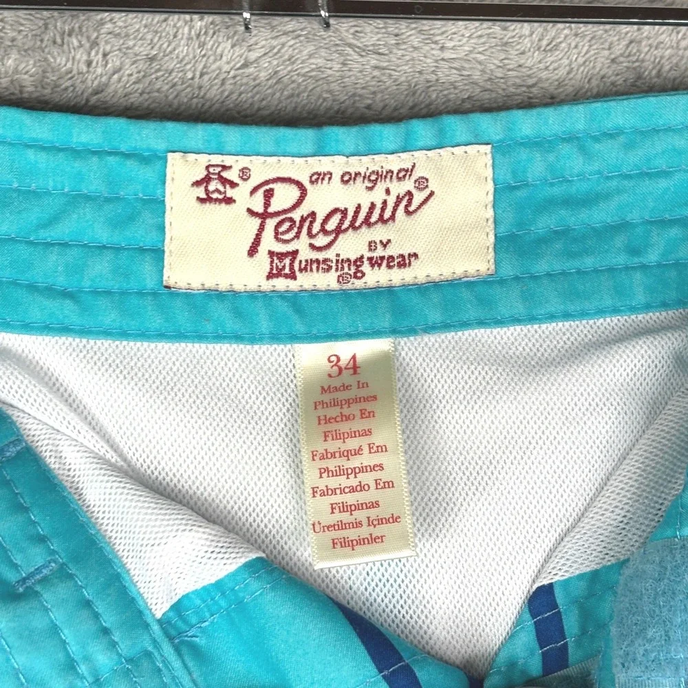 Original‎ Penguin Mens Striped Board Shorts Turquoise Pink Blue Swim Trunks 34